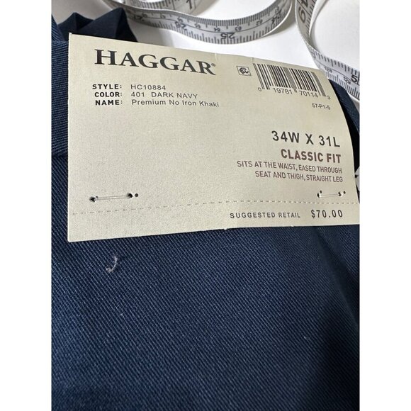 Haggar Mens Premium No Iron Khaki Classic Fit Pants Dark Navy 34W X 31L NWT - Picture 2 of 5